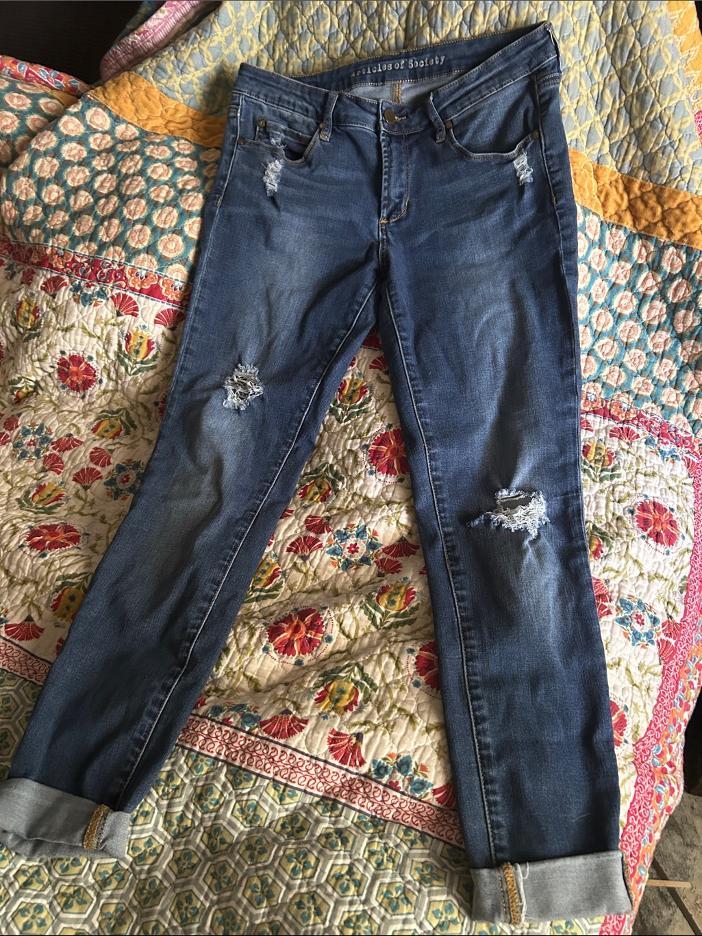 Articles Of Society Ripped Boyfriend Jeans In Blue Wash